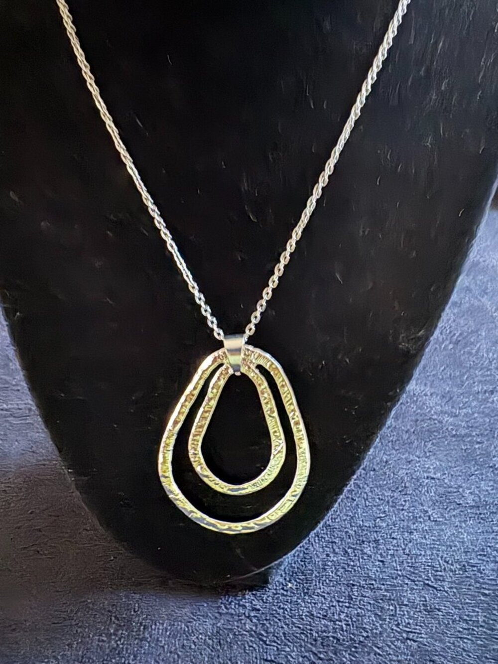 Silver tone hammered double oval hoop pendant necklace on delicatesilver chain